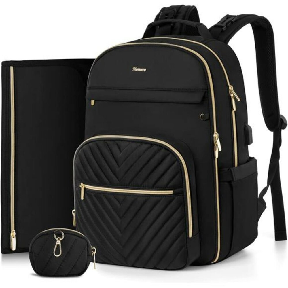 Large black diaper bag backpack quilted waterproof travel baby bag for mom dad